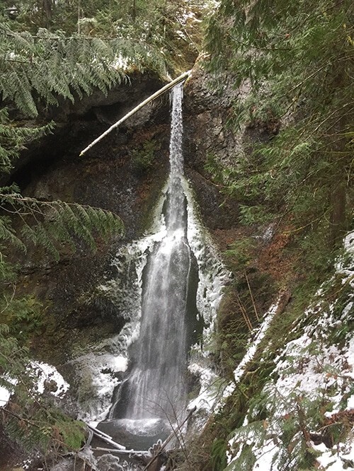 Marymere Falls in snow at Olympic National park Washington